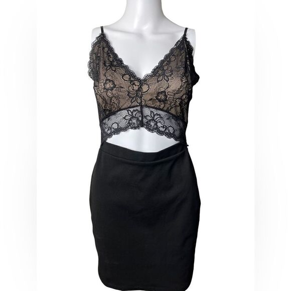 Windsor Lace V Neck Cut Out Mini Dress Black & Nude Size Medium - Picture 3 of 4